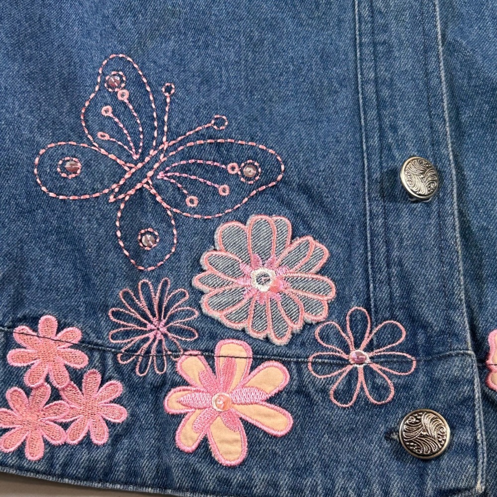 Toffee & Apple Womens L Embroidered Floral Butterfly Denim Jacket Cottagecore - Picture 7 of 9